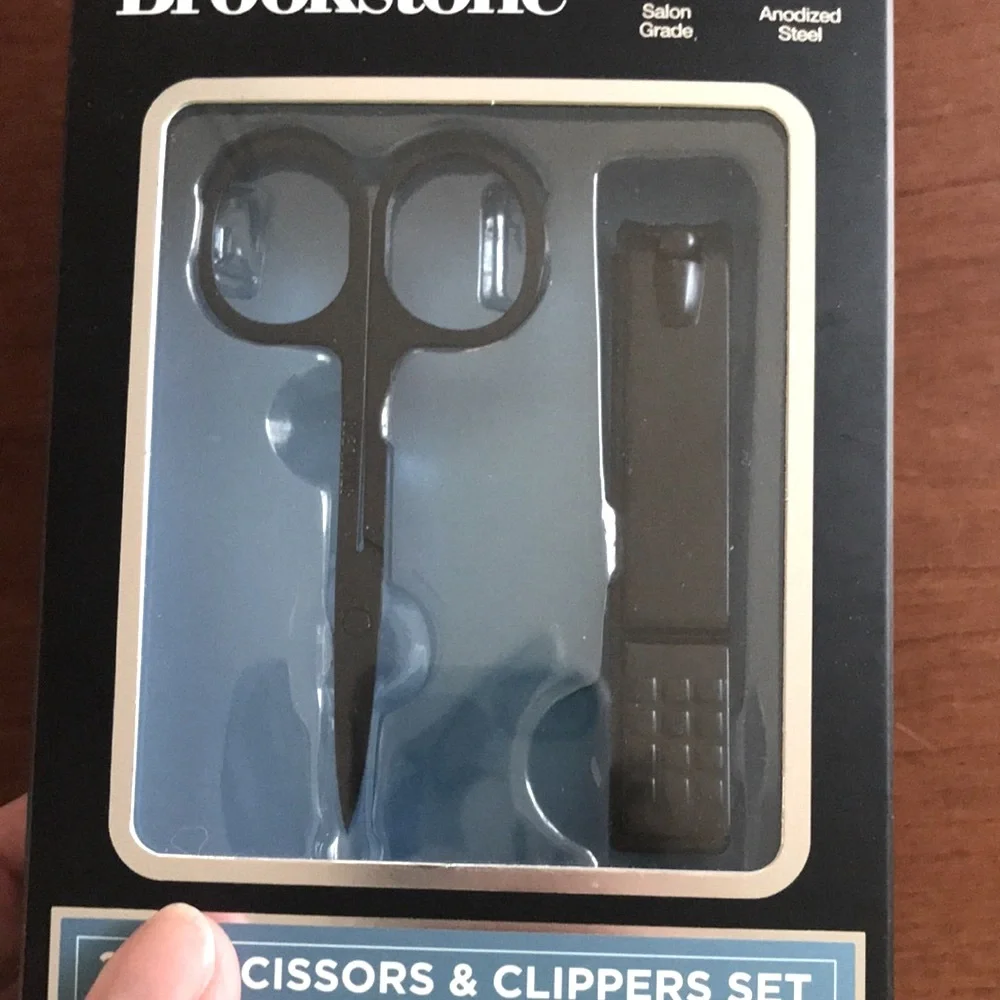 New BROOKSTONE Scissors & Nail Clippers Set *Black Coated Anodized Steel*